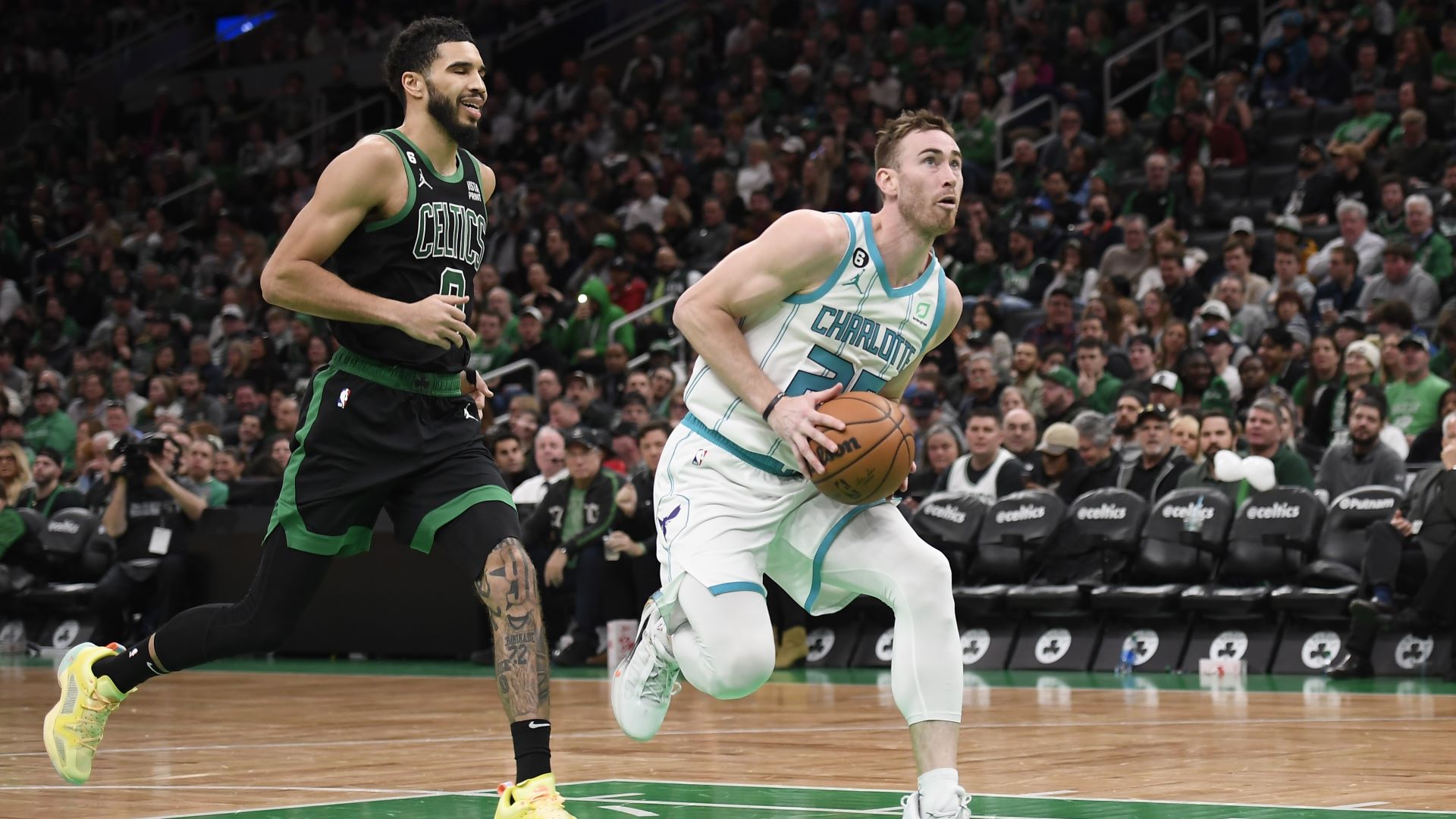 Boston Celtics forward Jayson Tatum and Charlotte Hornets forward Gordon Hayward