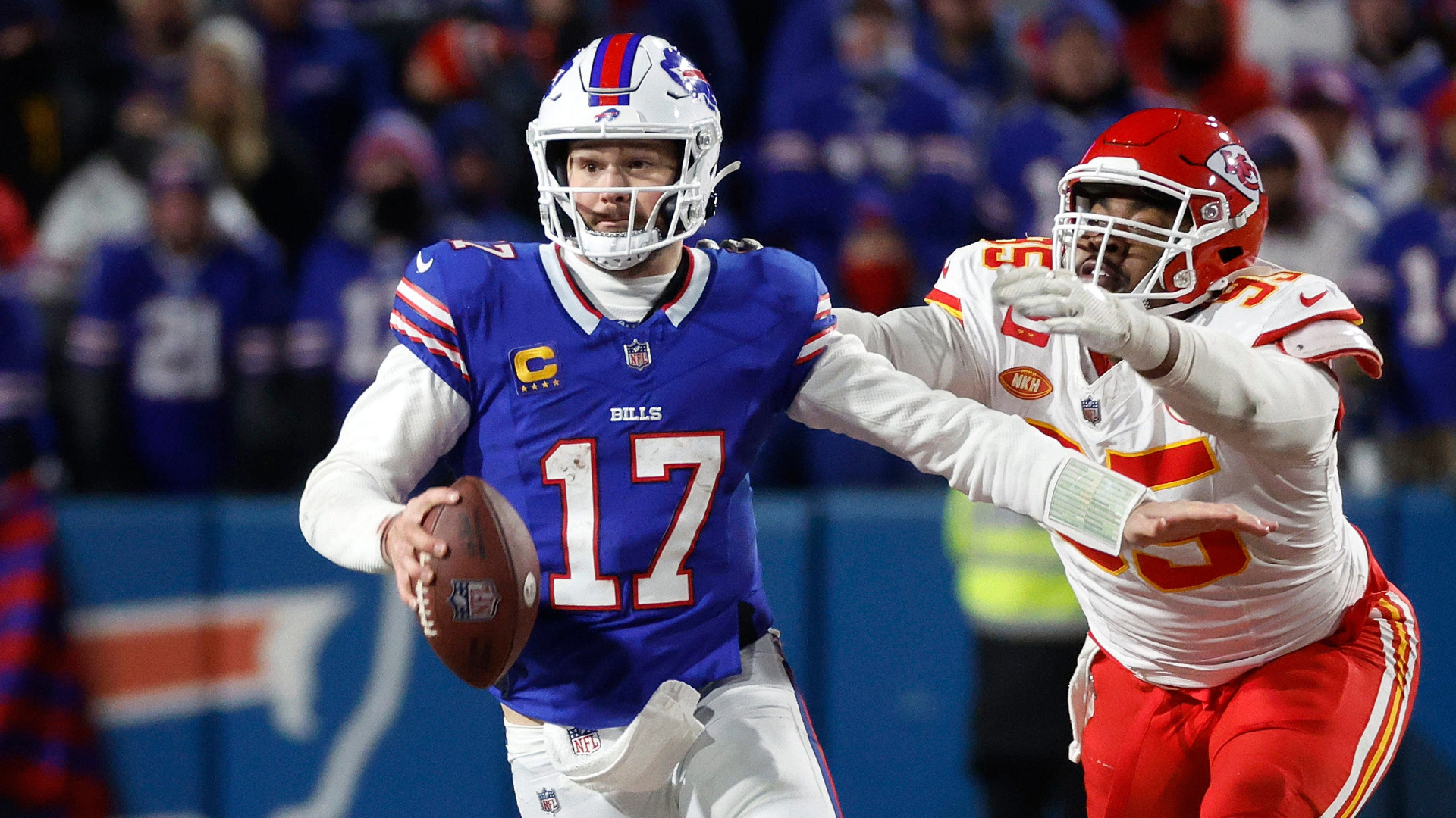 Buffalo Bills quarterback Josh Allen and Kansas City Chiefs defensive tackle Chris Jones