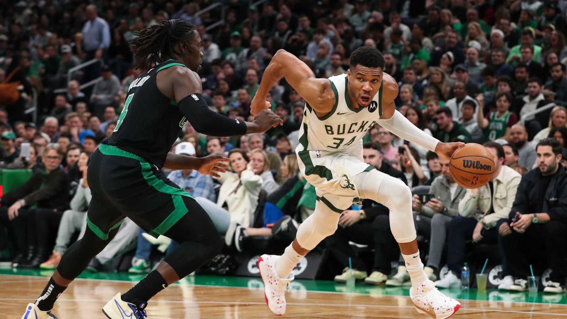 Milwaukee Bucks forward Giannis Antetokounmpo and Boston Celtics guard Jrue Holiday