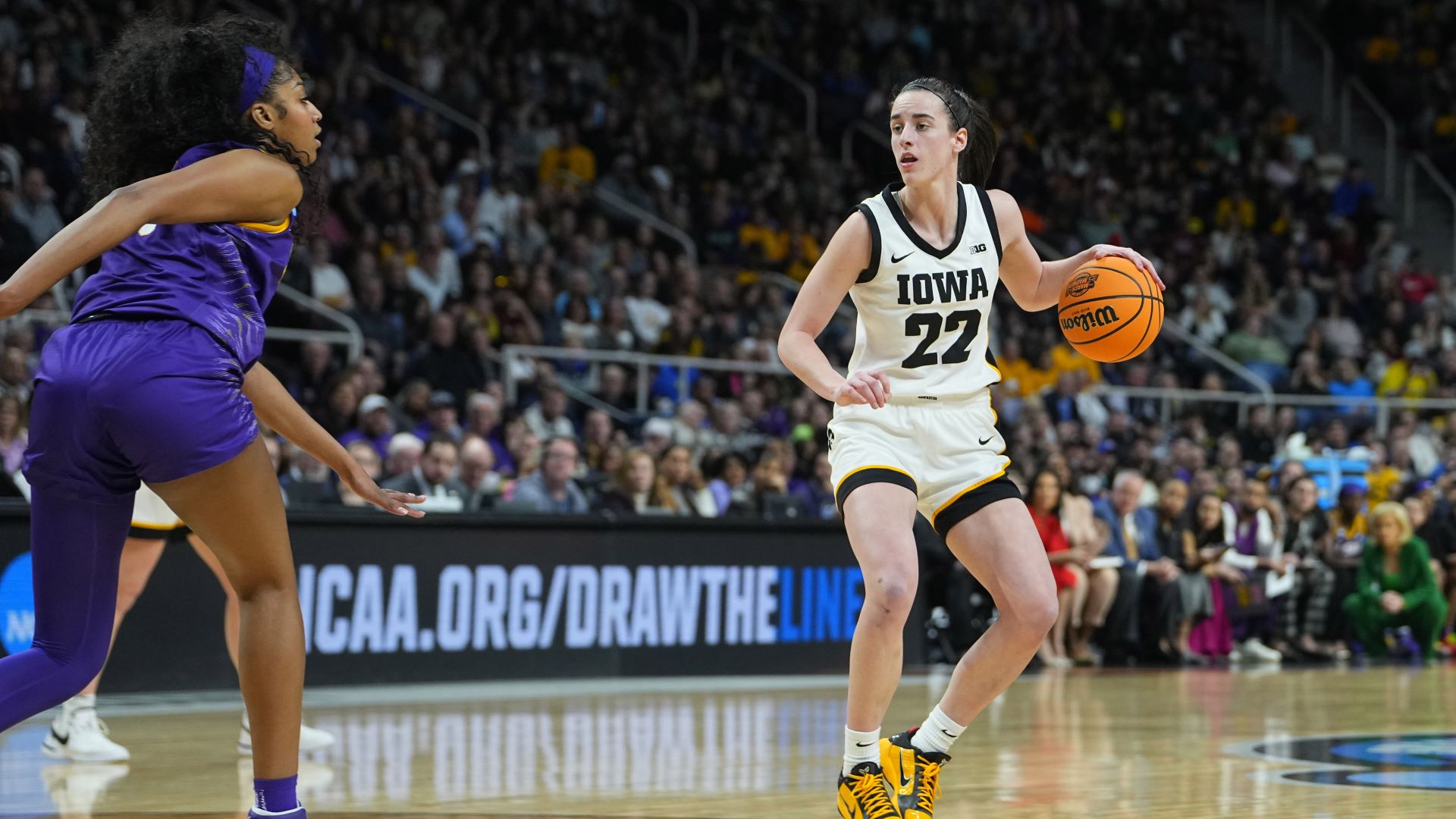 LSU Tigers forward Angel Reese and Iowa Hawkeyes guard Caitlin Clark