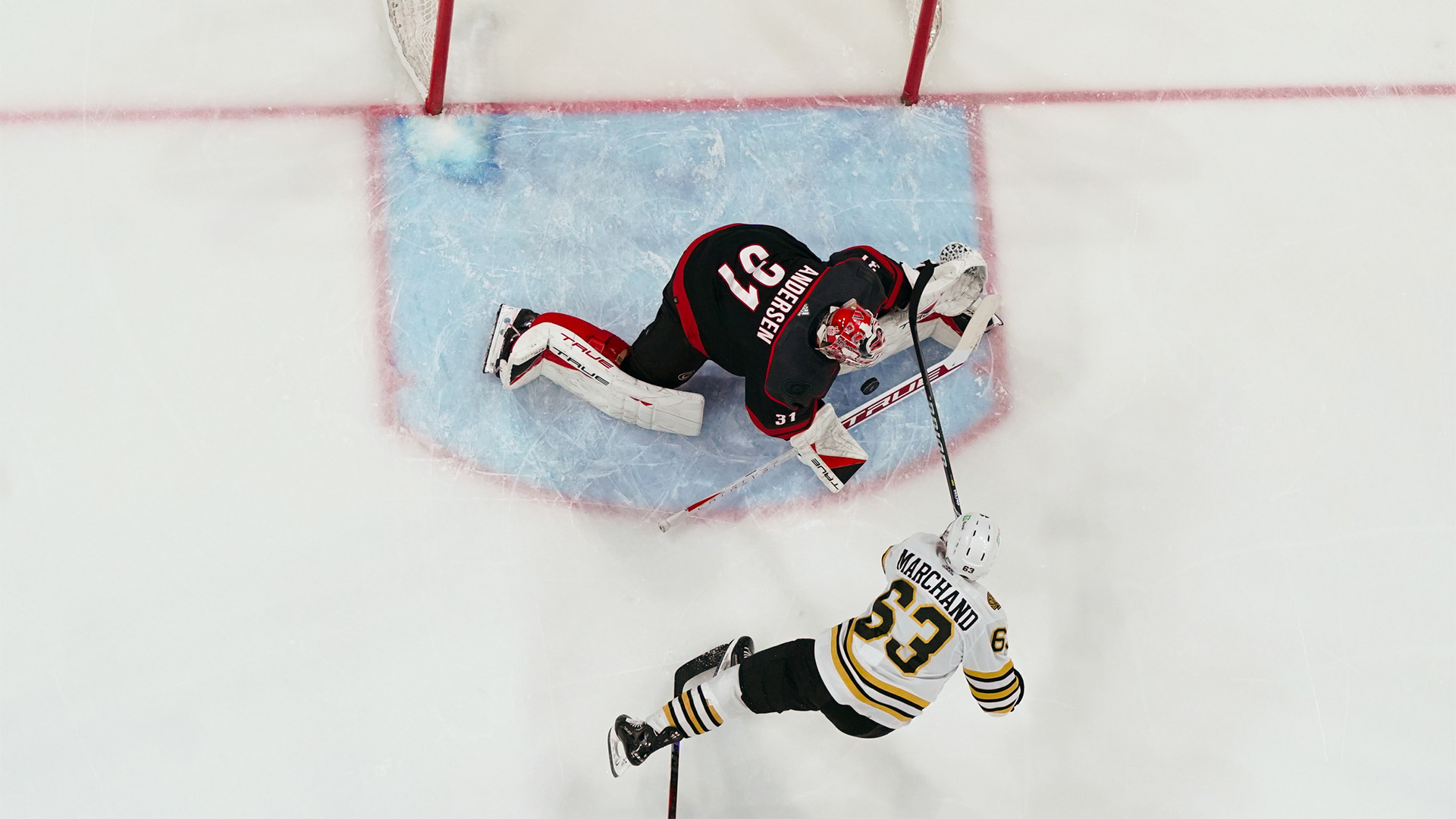 Boston bruins captain Brad Marchand and Carolina Hurricanes goalie Frederik Andersen