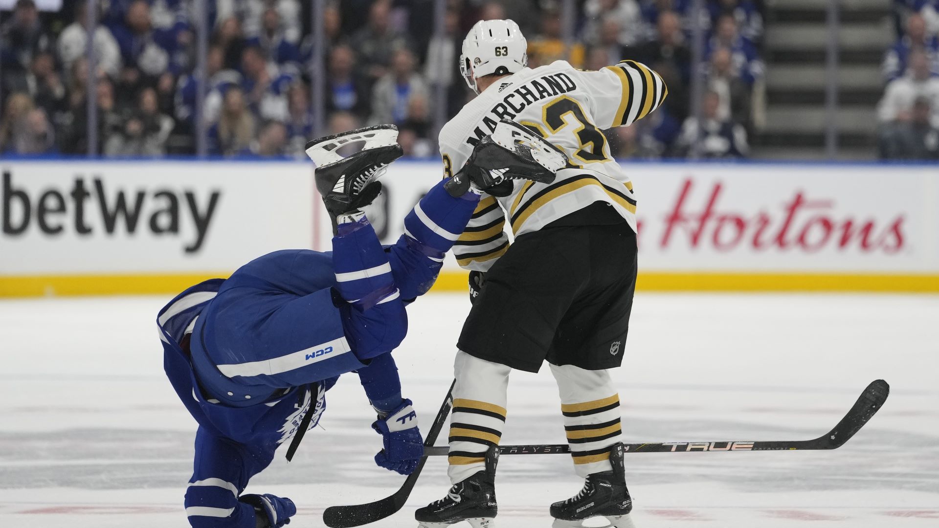 Boston Bruins forward Brad Marchand and Toronto Maple Leafs forward Tyler Bertuzzi