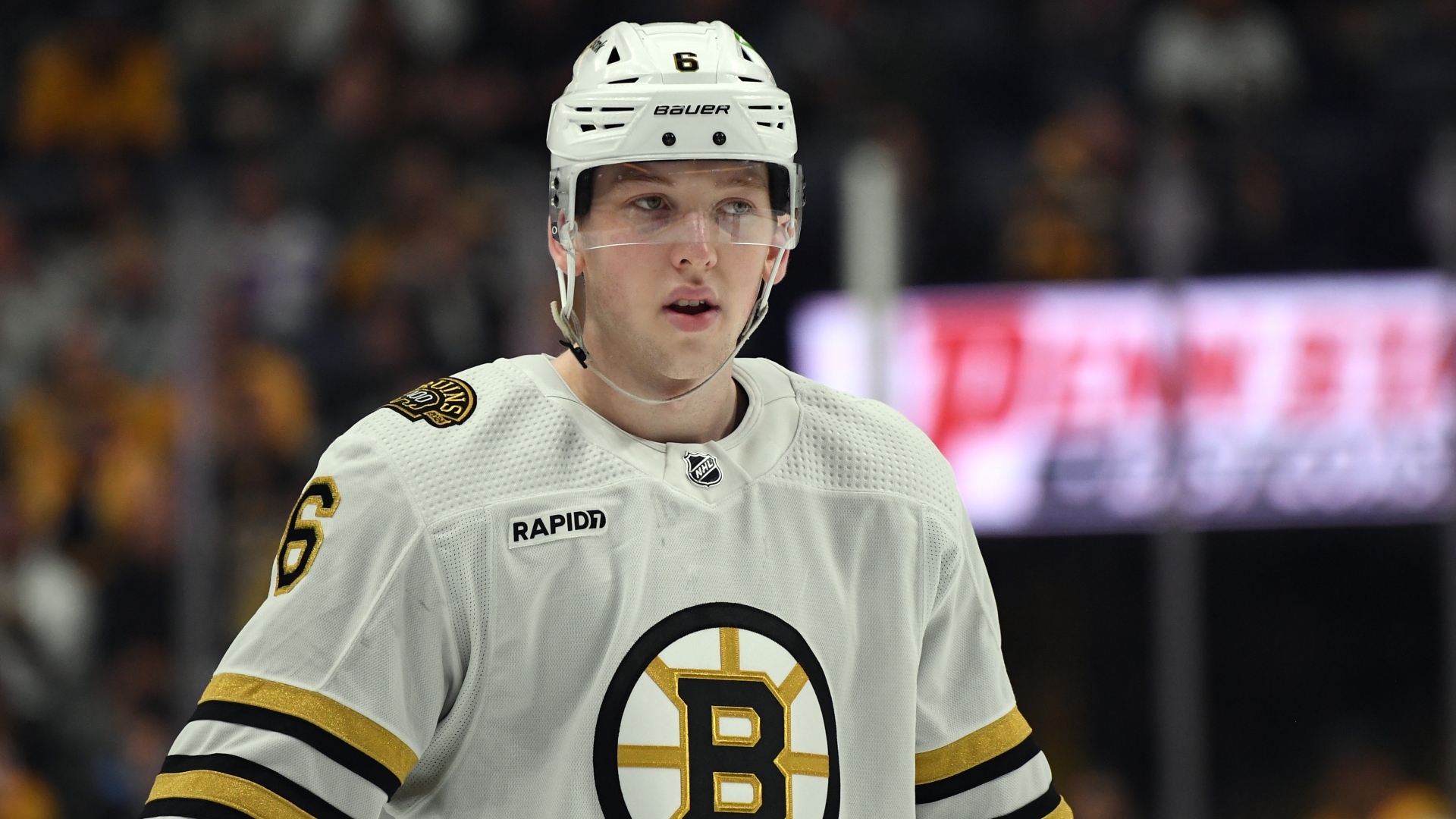 Boston Bruins defenseman Mason Lohrei