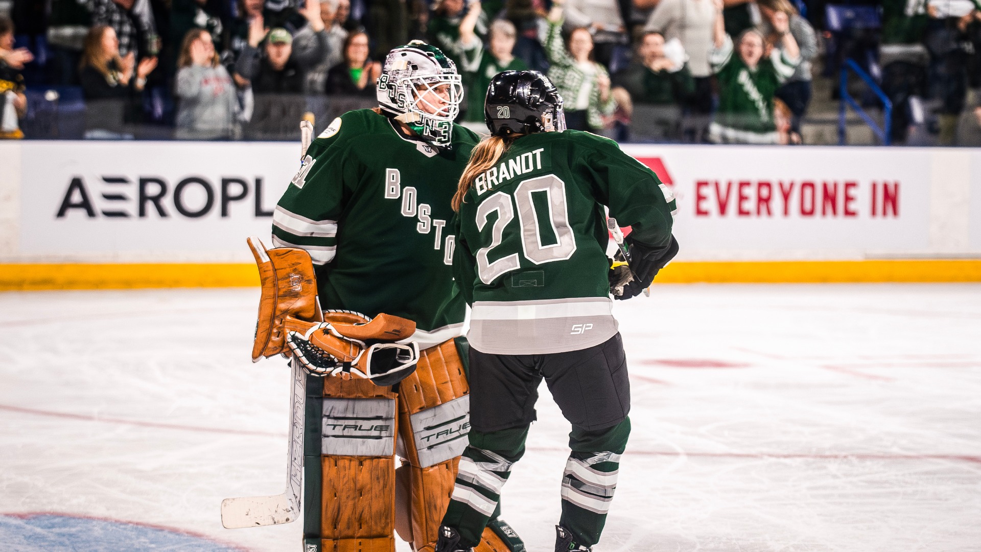PWHL Boston goaltender Aerin Frankel and forward Hannah Brandt