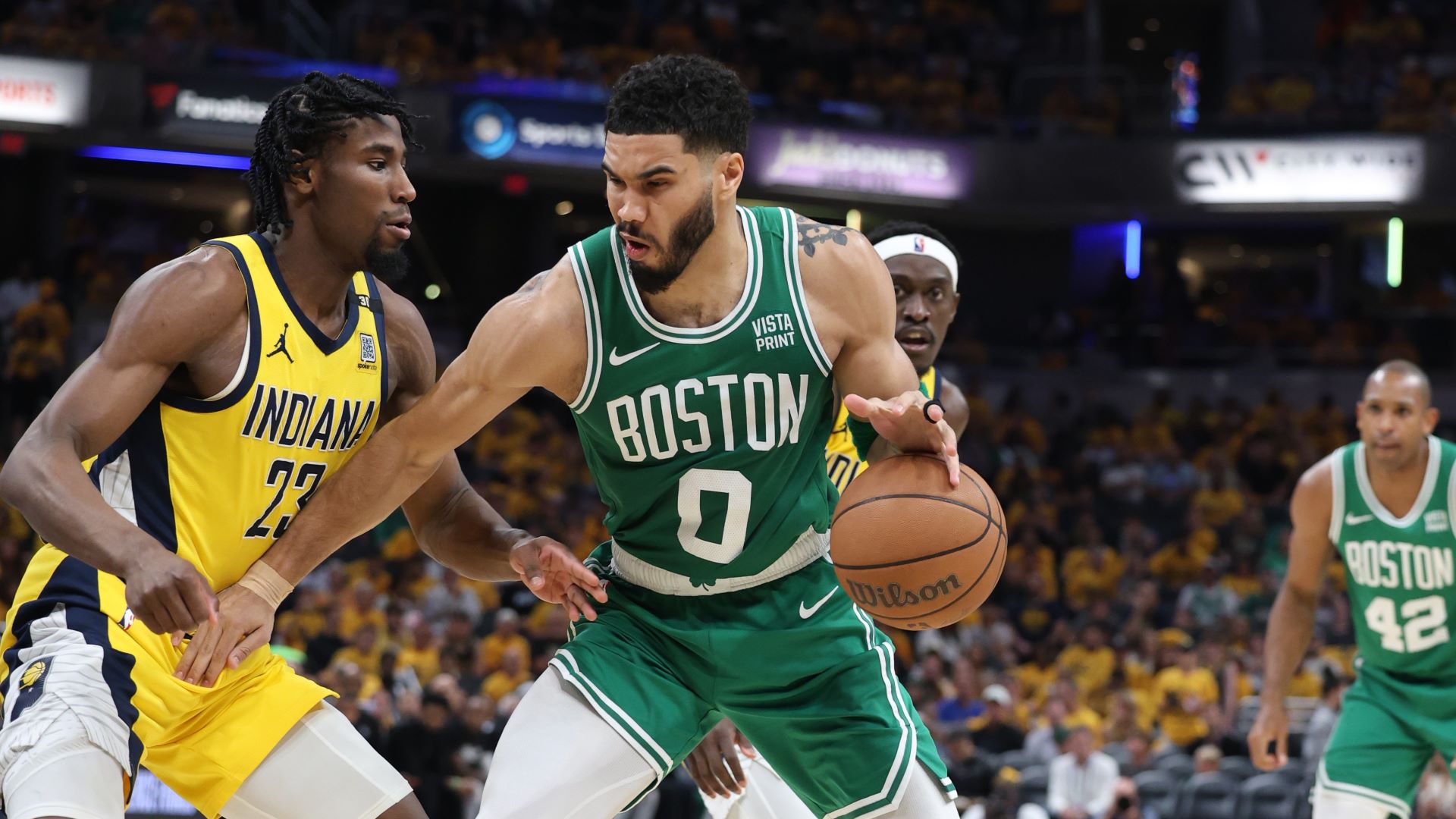 Boston Celtics forward Jayson Tatum and Indiana Pacers forward Aaron Nesmith