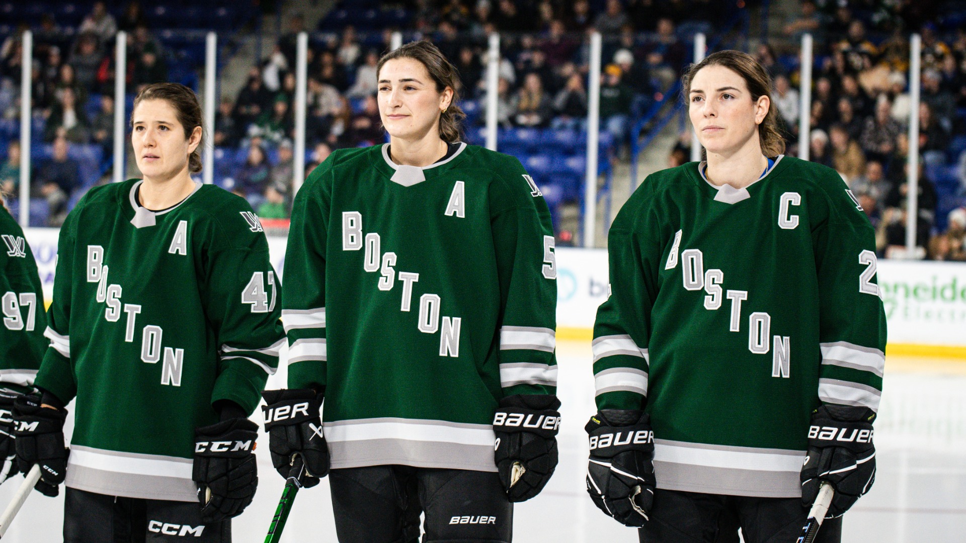 PWHL Boston players Jamie Lee Rattray, Megan Keller and Hilary Knight
