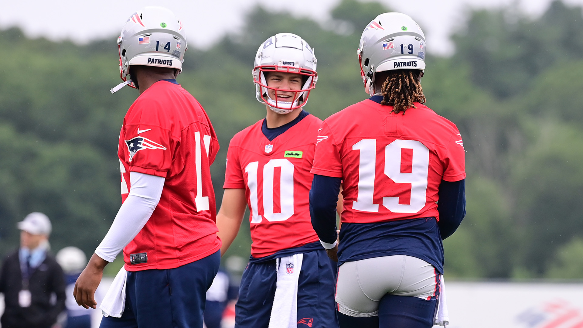 New England Patriots quarterbacks Drake Maye, Jacoby Brissett and Joe Milton III