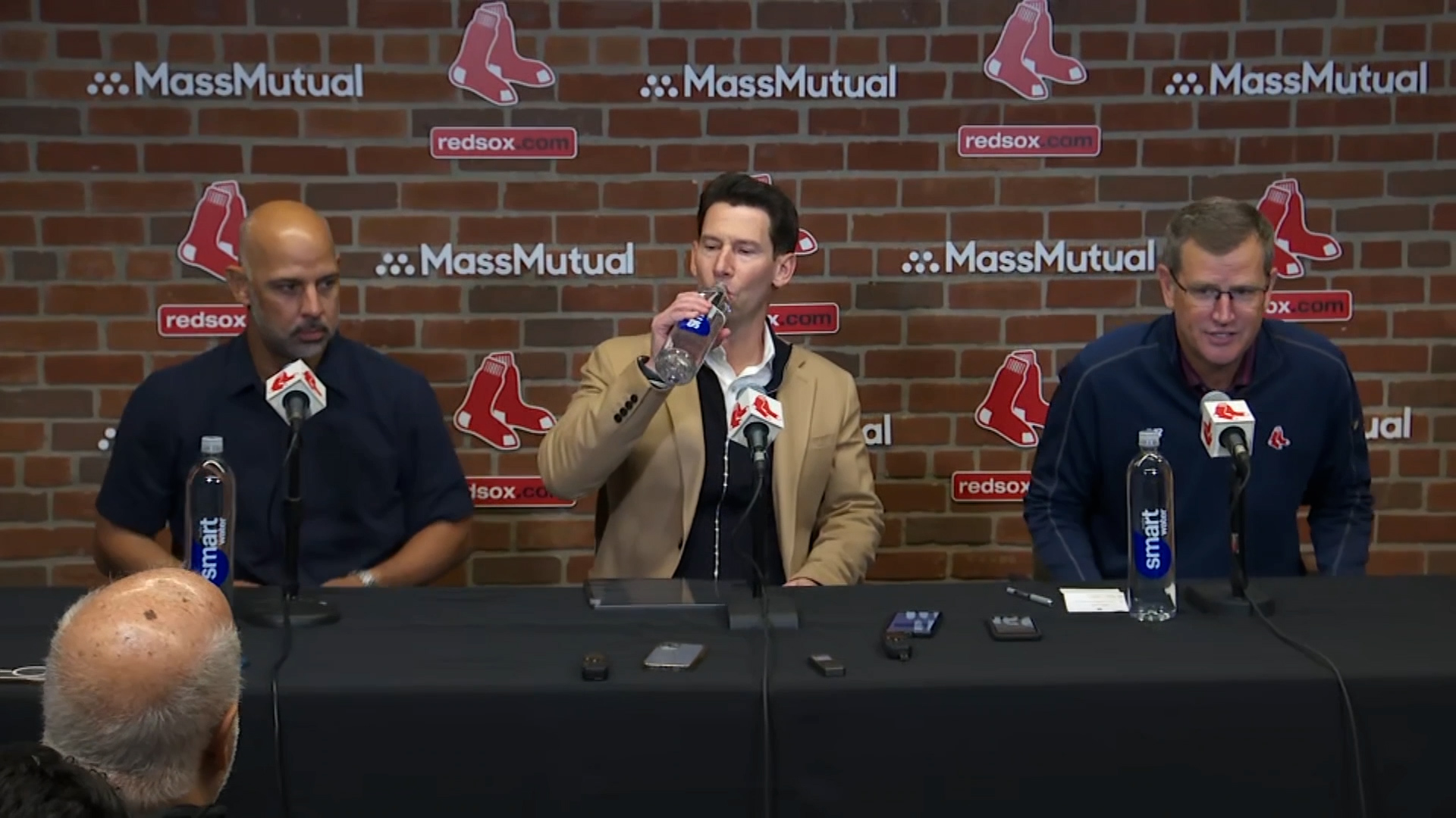 Boston Red Sox manager Alex Cora, Chief baseball Officer Craig Breslow and President Sam Kennedy