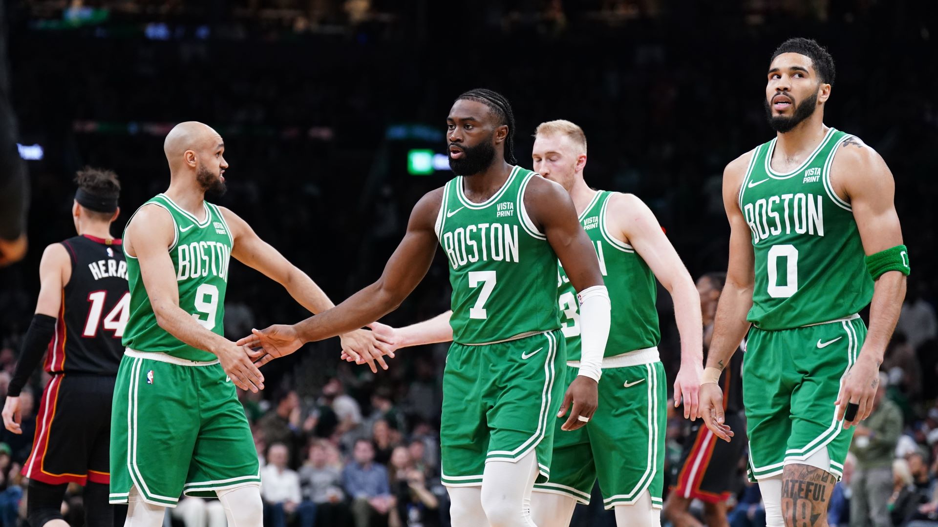 Boston Celtics guard Derrick White and forwards Jayson Tatum and Jaylen Brown