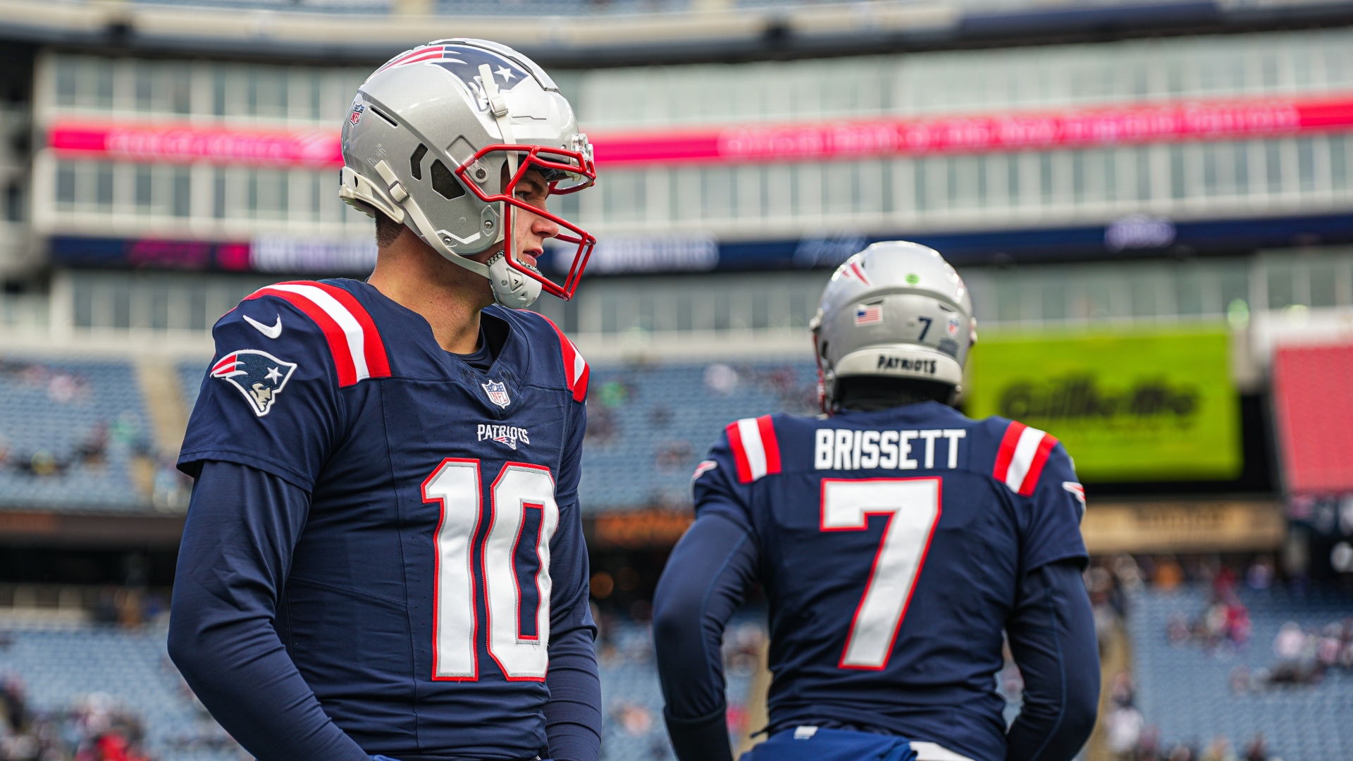 New England Patriots quarterbacks Drake Maye and Jacoby Brissett