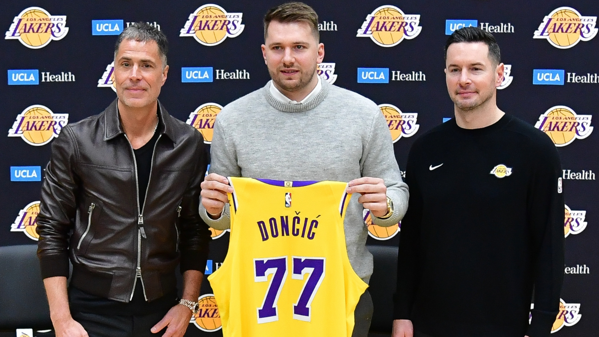 Los Angeles Lakers owner Rob Pelinka, guard Luka Doncic and head coach JJ Redick