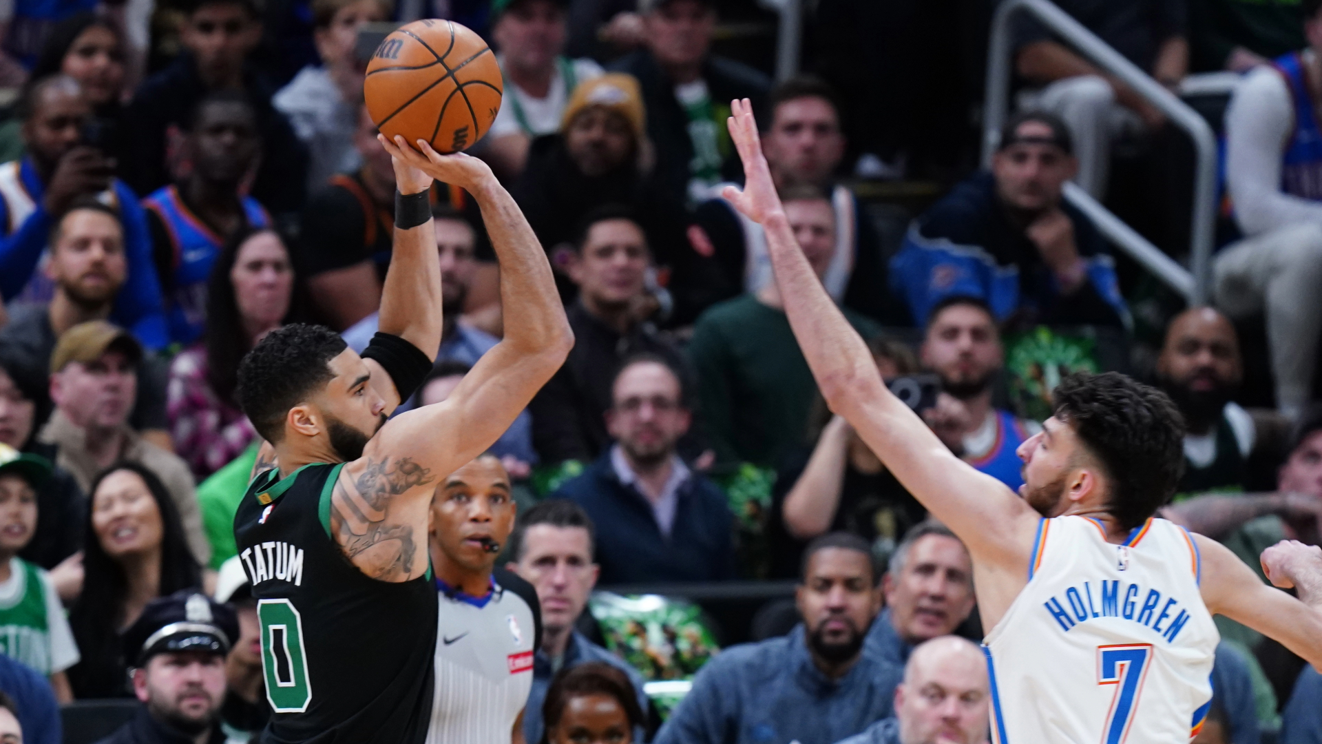 Boston Celtics forward Jayson Tatum and Oklahoma City Thunder forward Chet Holmgren