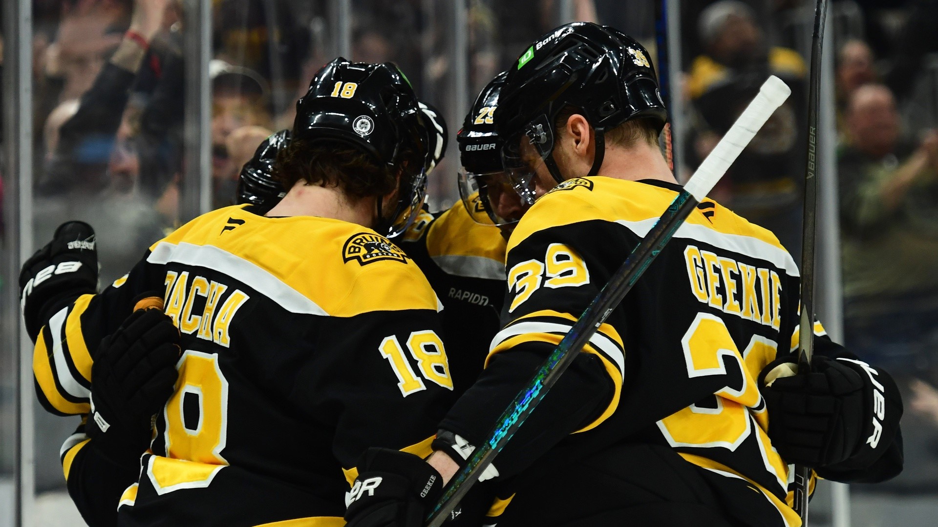 Boston Bruins forwards Morgan Geekie, Pavel Zacha