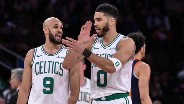 Boston Celtics teammates Derrick White and Jayson Tatum