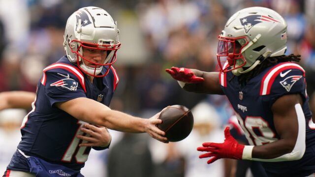 New England Patriots quarterback Drake Maye and running back Rhamondre Stevenson