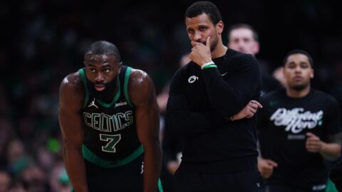 Boston Celtics head coach Joe Mazzulla and forward Jaylen Brown