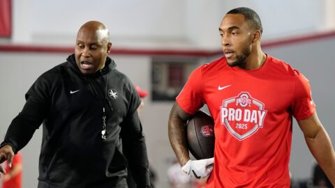 Ohio State Buckeyes running backs coach Carlos Locklyn, New England Patriots running back TreVeyon Henderson