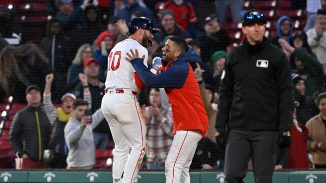 Boston Red Sox shortstop Trevor Story and catcher Carlos Navarez