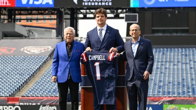 New England Patriots ownership Robert Kraft and Jonathan Kraft, offensive tackle Will Campbell