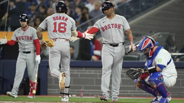 Boston Red Sox outfielder Jarren Duran and designated hitter Rafael Devers