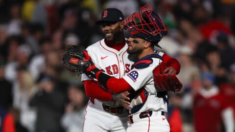 Boston Red Sox pitcher Aroldis Chapman and catcher Carlos Narvaez