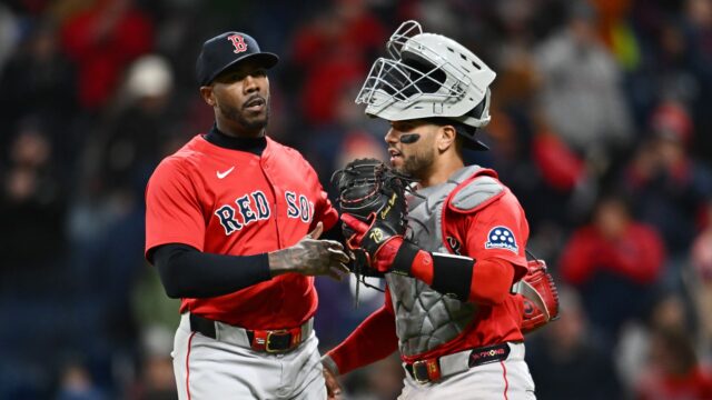Boston Red Sox catcher Carlos Narvaez and closer Aroldis Chapman