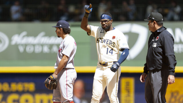 Boston Red Sox second baseman David Hamilton and Milwaukee Brewers second baseman Andruw Monasterio