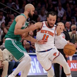 Boston Celtics guard Derrick White and New York Knicks guard Jalen Brunson