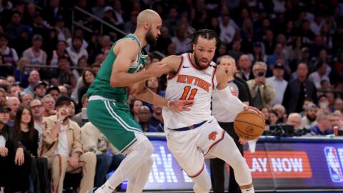 Boston Celtics guard Derrick White and New York Knicks guard Jalen Brunson
