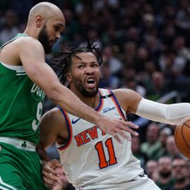 Boston Celtics guard Derrick White and New York Knicks guard Jalen Brunson