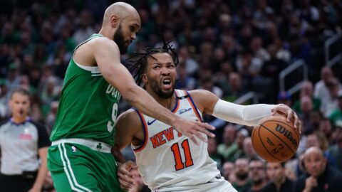 Boston Celtics guard Derrick White and New York Knicks guard Jalen Brunson