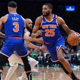 Boston Celtics guard Derrick White and New York Knicks forward Mikal Bridges
