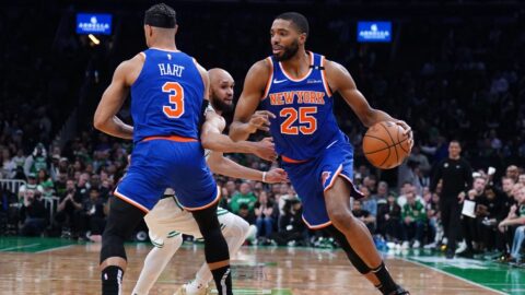 Boston Celtics guard Derrick White and New York Knicks forward Mikal Bridges