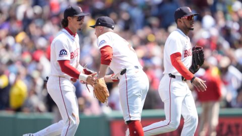 Boston Red Sox teammates Jarren Duran, Alex Bregman and Ceddanne Rafaela