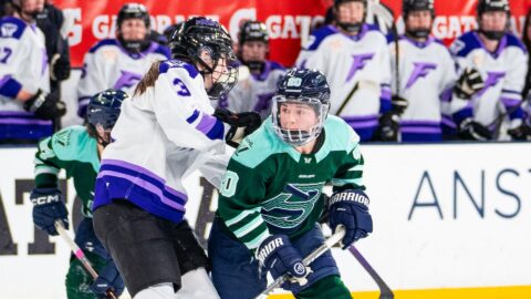 Boston Fleet forward Hannah Brandt and Minnesota Frost forward Brooke McQuigge