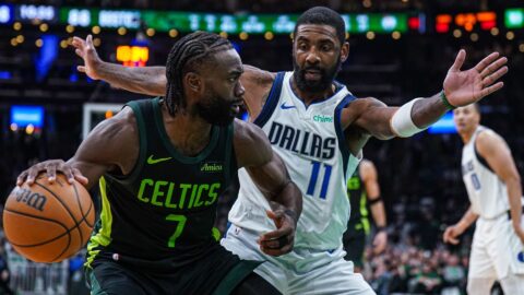 Boston Celtics guard Jaylen Brown and Dallas Mavericks guard Kyrie Irving