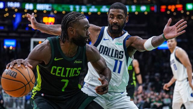 Boston Celtics guard Jaylen Brown and Dallas Mavericks guard Kyrie Irving
