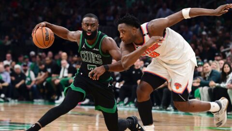 Boston Celtics guard Jaylen Brown and New York Knicks forward OG Anunoby
