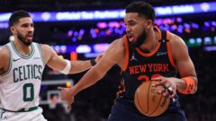 Boston Celtics forward Jayson Tatum and New York Knicks center Karl-Anthony Towns