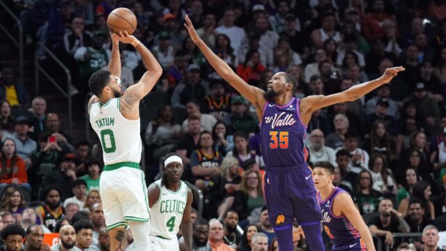 Boston Celtics forward Jayson Tatum and Phoenix Suns forward Kevin Durant