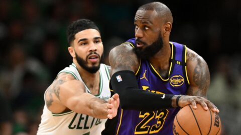 Boston Celtics forward Jayson Tatum and Los Angeles Lakers forward LeBron James