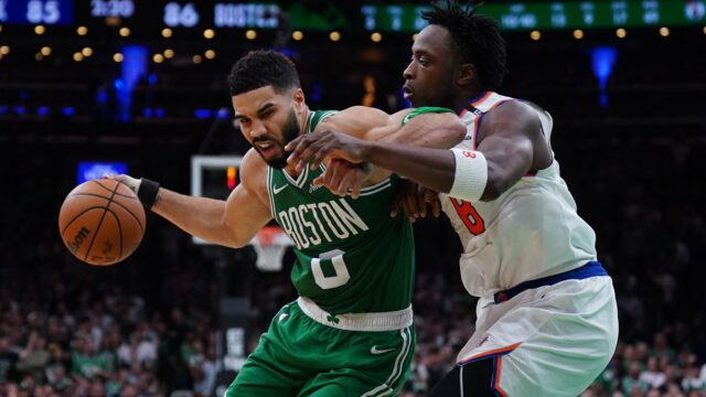 Boston Celtics forward Jayson Tatum and New York Knicks forward OG Anunoby