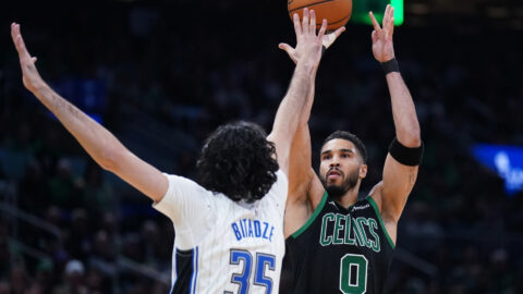 Boston Celtics forward Jayson Tatum and Orlando Magic center Goga Bitadze