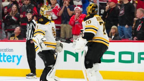 Boston Bruins goaltenders Jeremy Swayman and Joonas Korpisalo
