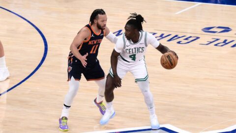 Boston Celtics guard Jrue Holiday and New York Knicks guard Jalen Brunson