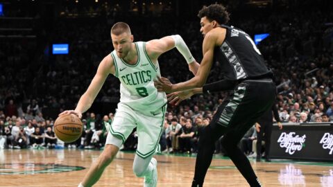 Boston Celtics center Kristaps Porzingis and San Antonio Spurs center Victor Wembanyama