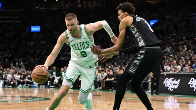 Boston Celtics center Kristaps Porzingis and San Antonio Spurs center Victor Wembanyama