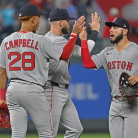 Boston Red Sox second baseman Kristian Campbell, shortstop Trevor Story, right fielder Wilyer Abreu
