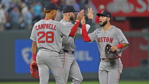 Boston Red Sox second baseman Kristian Campbell, shortstop Trevor Story, right fielder Wilyer Abreu