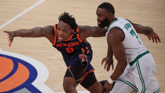 New York Knicks forward OG Anunoby and Boston Celtics guard Jaylen Brown